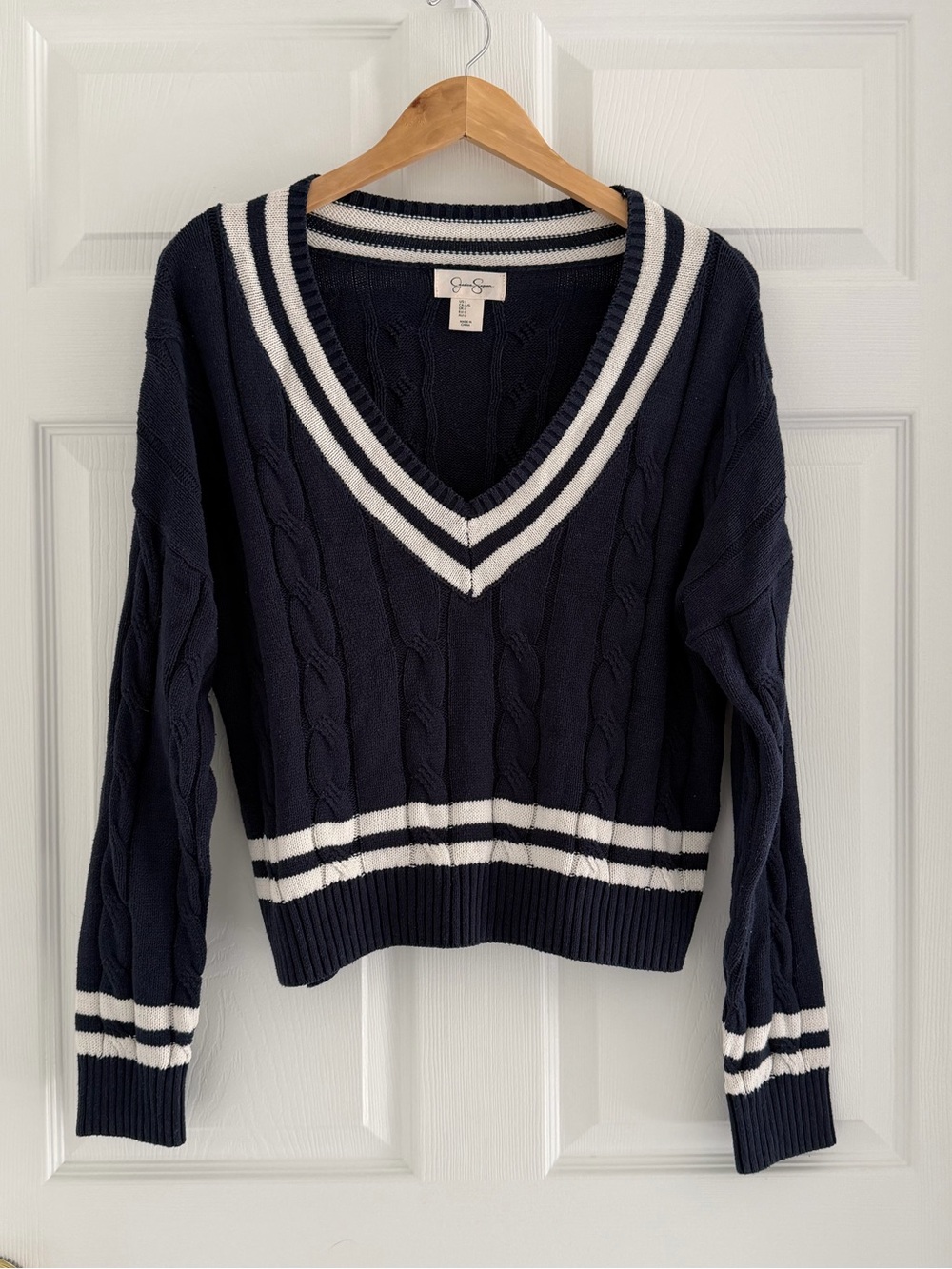 Jessica Simpson Navy V-Neck Cable Knit Sweater with White Stripes